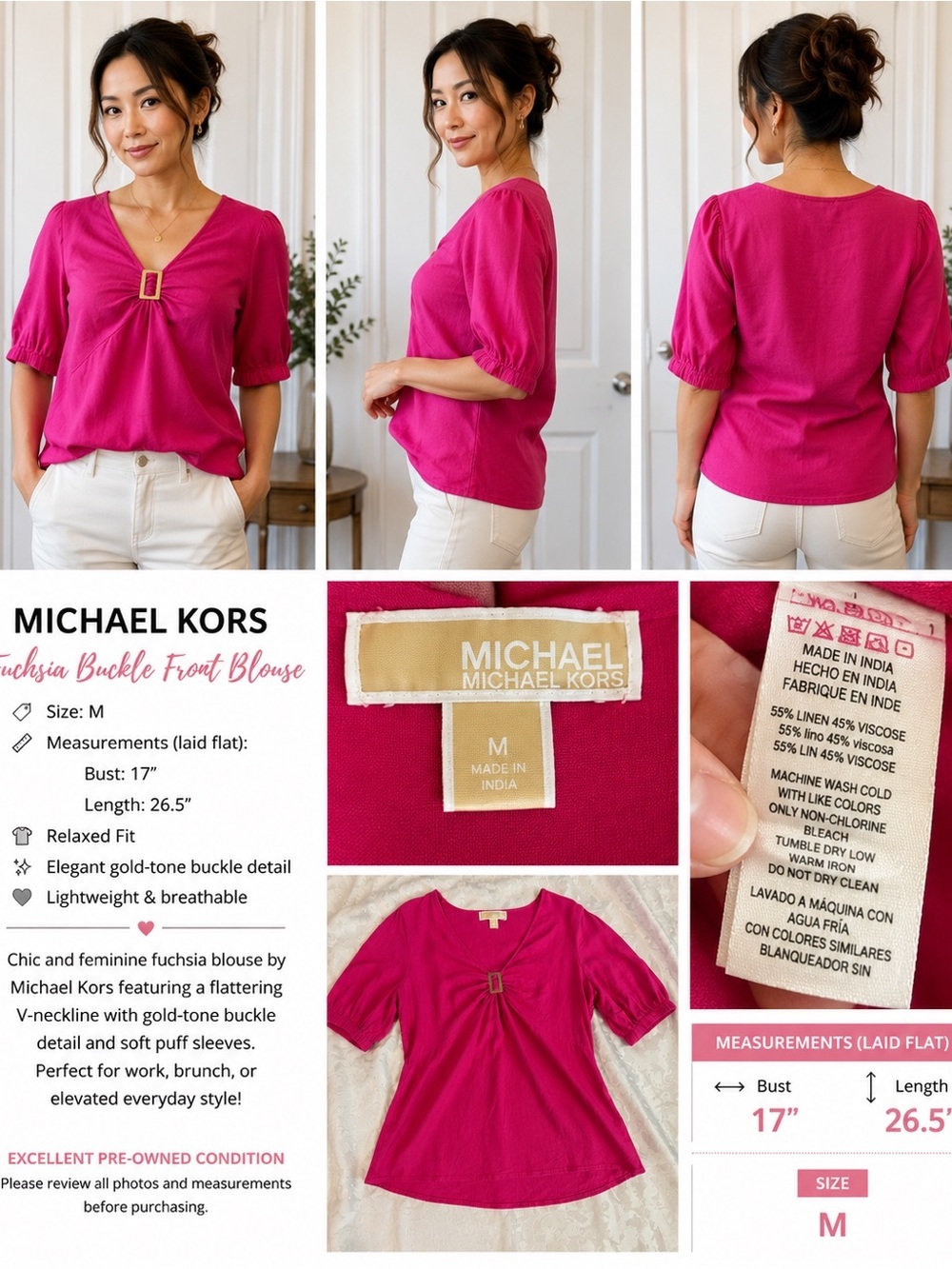 Michael Kors Fuchsia Linen Blend Buckle Front Blouse M Pink Puff Sleeve Top